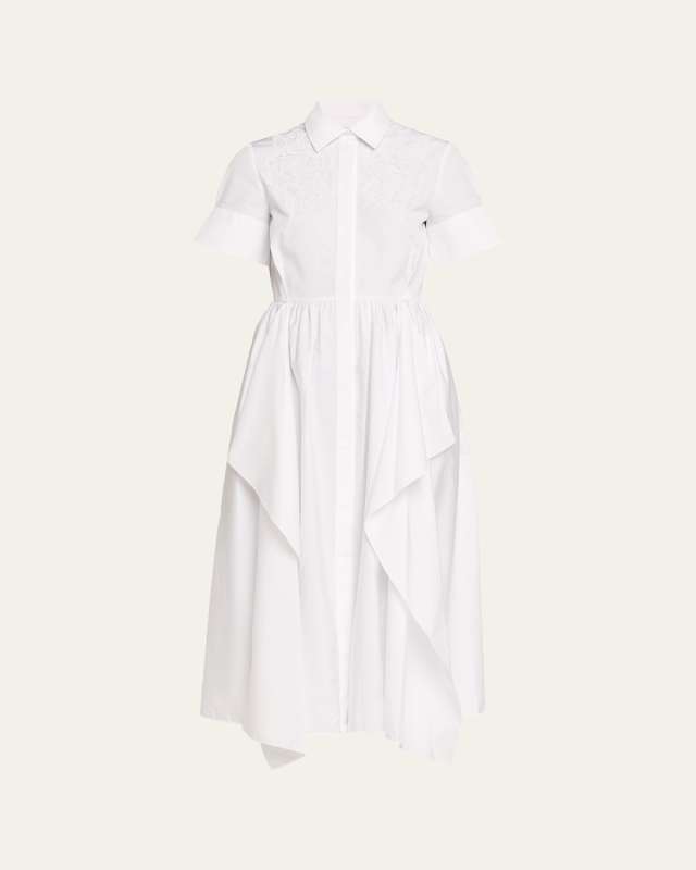 Embroidered Short-Sleeve Midi Shirtdress